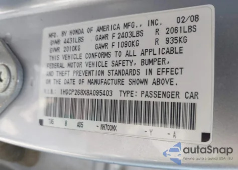 2008 Honda Accord 2.4 Ex-L z USA, uszkodzony, nr VIN 1HGCP268X8A095403